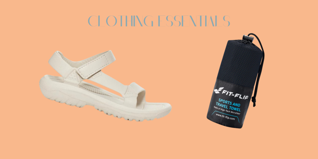 Travel Essentials, Clothing, Teva sandals, Quick Dry Towel